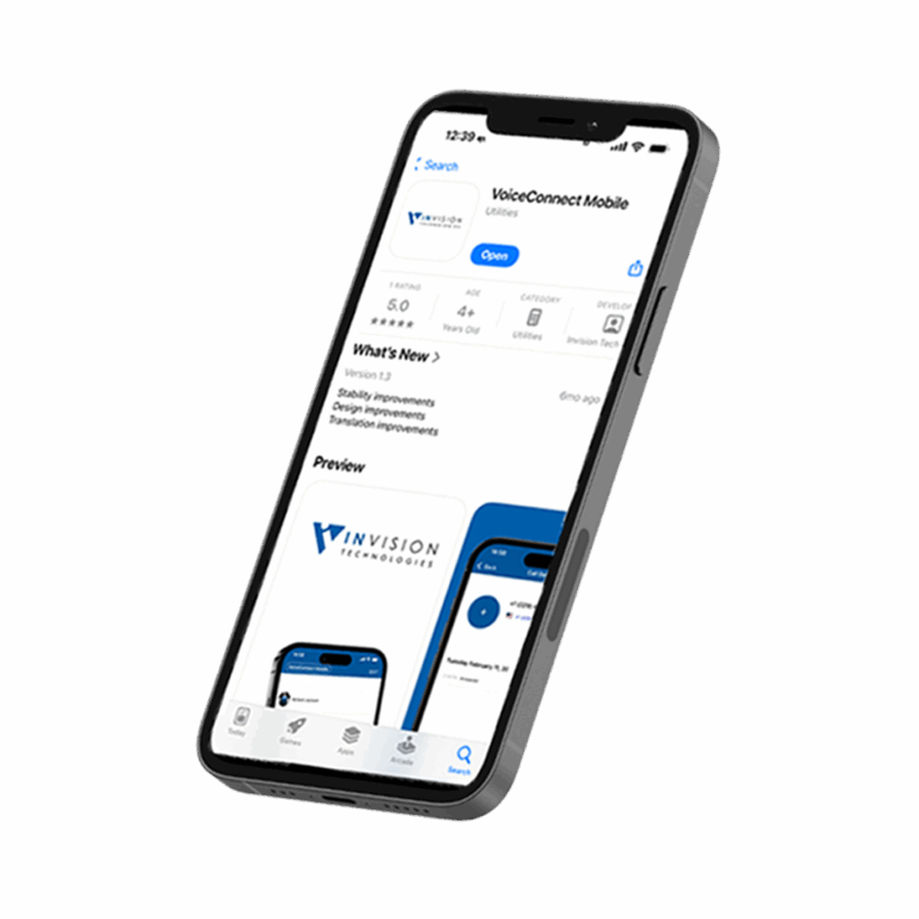Invision Technologies' VoiceConnect Mobile App as seen on a cell phone in the app store.